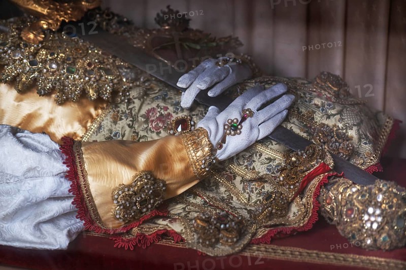 Detail of the catacomb saint from Rome, St Aurelius, in the late Gothic church of St George, Dinkelsbühl, Bavaria, Germany, Europe