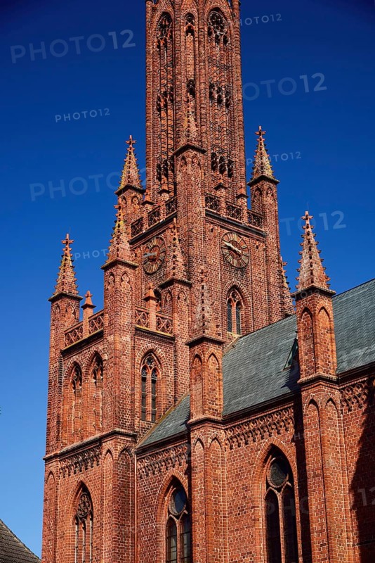 Europe, Germany, Mecklenburg-Western Pomerania, island town Malchow, view to the cultural centre Kloster Malchow, monastery complex from the 13th century with neo-Gothic church from the 19th century, Malchow, Mecklenburg-Western Pomerania, Germany, Europe
