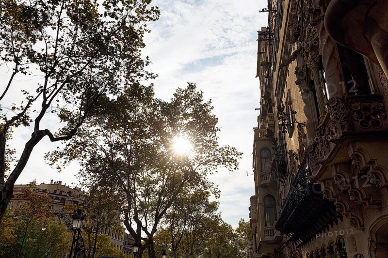 Artfully decorated façade, backlight, rays of sunlight in autumn, Casa Amatller, Passeig de Gracia, Barcelona, Spain, Europe