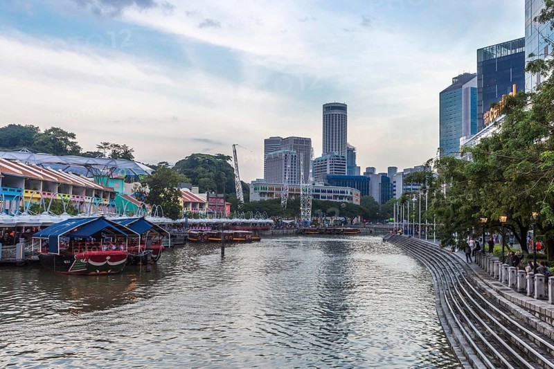 Clarke Quay in evening, coloured buildings and skyscapers