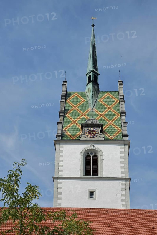 Tower of the Gothic St. Nicholas Church, spire, roof tile, pattern, clock, church tower, Adenauerplatz, Friedrichshafen, Obersee, Lake Constance, Lake Constance area, Baden-Württemberg, Germany, Europe