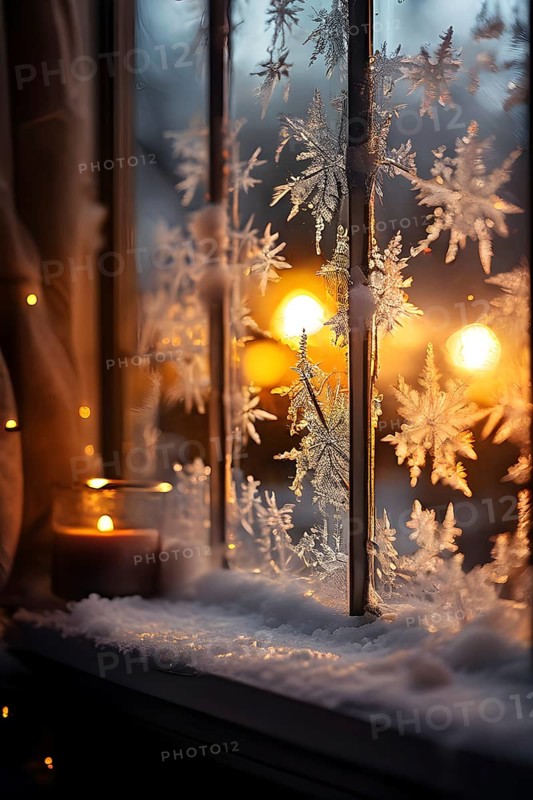 Snow-covered window with frost patterns, candlelight softly glowing through the glass, and warm, blurry Christmas lights in the background, AI generated