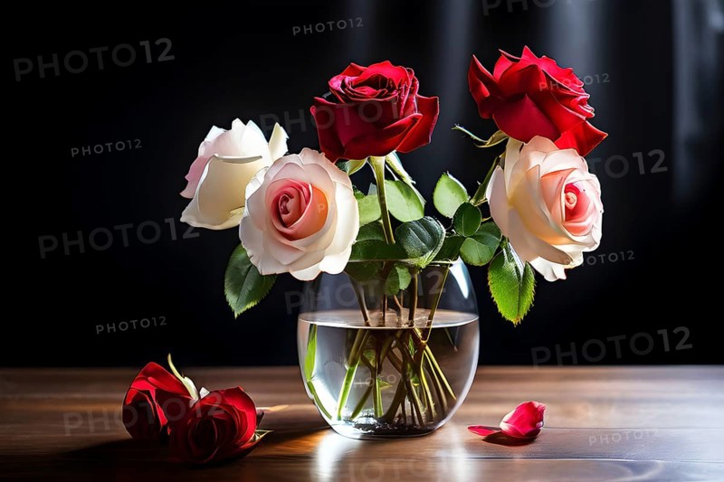 Transparent crystal glass vase with white and red blooming roses, AI generated