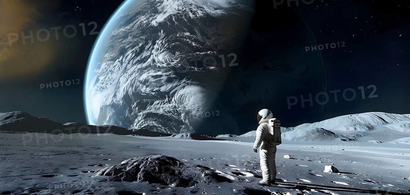 An astronaut stands on a lunar-like surface gazing at an immense planet rising, AI generated