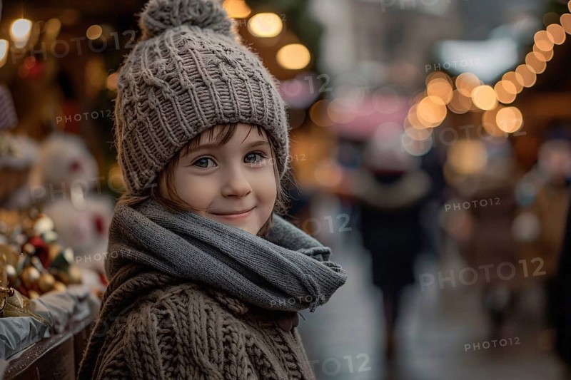 Oung boy child with winter clothes with knitted hat at christmas market. Generative Ai, AI generated