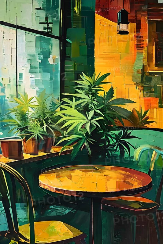 Abstract composition of a cannabis cafe with ambiance bold contrasting colors and playful shapes, AI generated