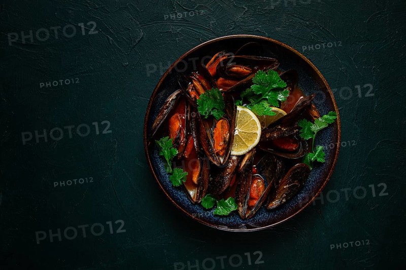 Mussels in tomato sauce, homemade, no people