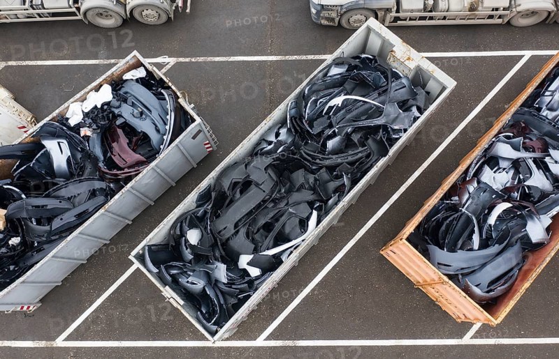 Plastic parts of the Tesla Y model are provided in containers for recycling at the Tesla Giga Factory site for collection, Grünheide, 28 01 2023