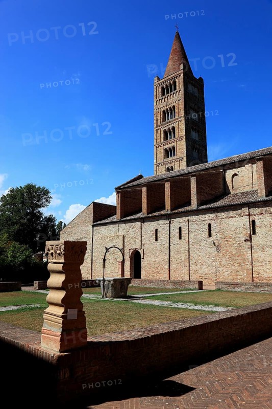 Pomposa, Abbatia Sanctae Mariae Pomposae, former abbey of the Benedictine order at the mouth of the Po, municipality of Codigoro, Ferrara, Emilia-Romagna, Italy / Pomposa Abbey is a Benedictine monastery in the comune of Codigoro on the Adriatic coast near Ferrara, Italy, Europe
