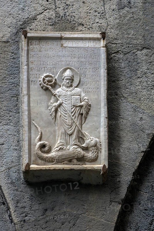 Historical depiction of St Syrus, Bishop of Genoa and the Basilisk, 4th century, Old Town, Genoa, Italy, Europe