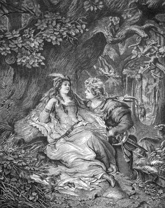 Schoen-Rohtraut, Koenig Ringang's daughter, symbolic image for a German ballad, romantic lovers in the forest, Middle Ages, Historical, digitally restored reproduction from a 19th century original, Record date not stated