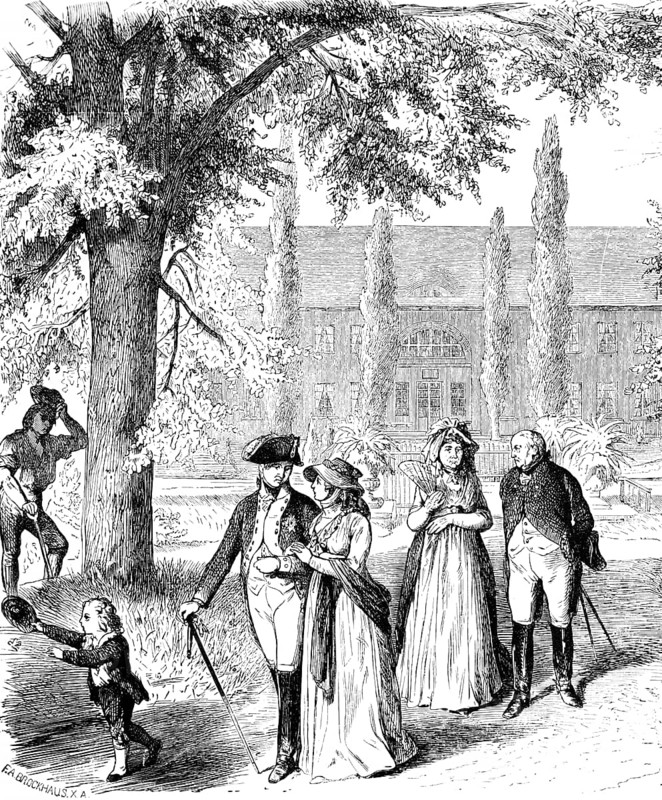 Walk of King Friedrich Wilheim III with Queen Luise and child in the park of Paretz Palace, Havelland, classicist summer residence of the royal couple, Hohenzollern, Prussia, historical illustration 1882