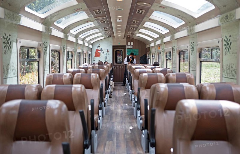 Carriage of the Perurail, interior view, travelling through the Andes from Ollantaytambo to Machu Picchu, Cusco region, Peru, South America