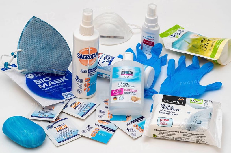 Hygiene articles to protect against infection by viruses, bacteria, disinfectants, wipes, rubber gloves, respiratory masks, soap