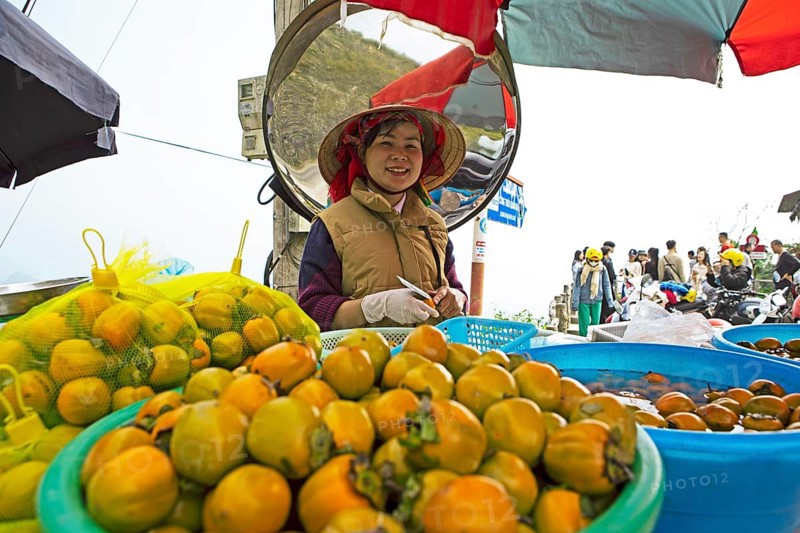 Vietnamese woman peeling khaki fruit at Heavens Gate, Ha Giang province, Vietnam, Asia