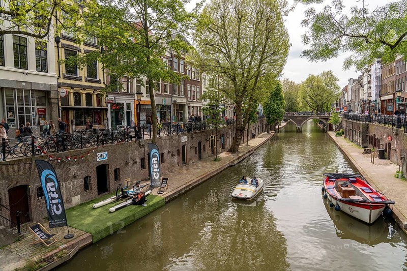 Utrecht, Netherlands, historic city centre, Oudegracht, canal, restaurants, pubs, cafés, shops along the canal