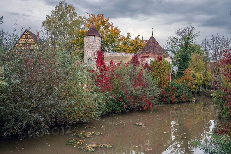 Towers of the medieval defence wall around 1200, in front the Wörnitz, Dinkelsbühl, Bavaria, Germany, Europe