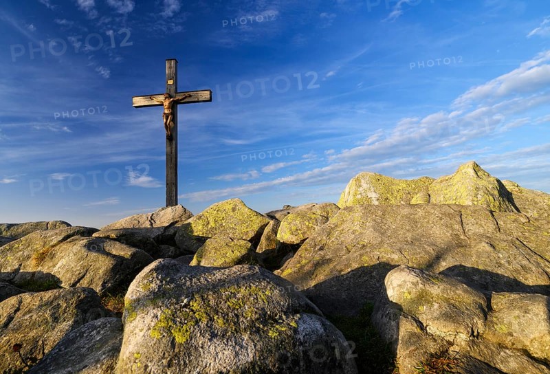 Summit cross on the Lusen (1373m), morning light, Bavarian Forest National Park, Bavaria, Germany, Europe