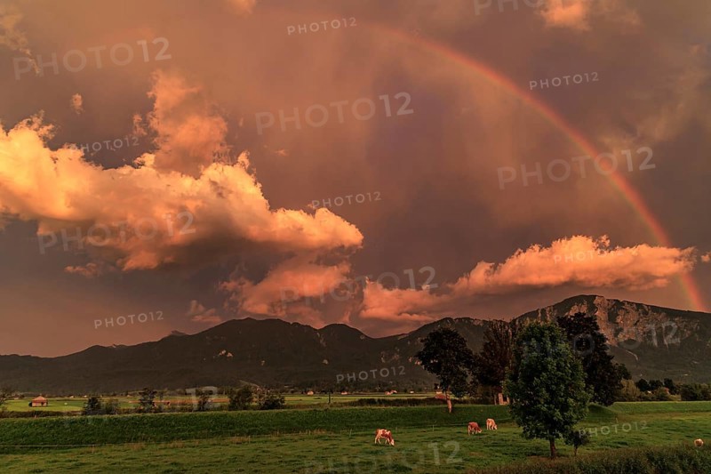 Evening mood with clouds and rainbow over mountains, summer, Loisach-Lake Kochel-Moore, view of Rabenkopf and Jochberg, Bavaria, Germany, Europe