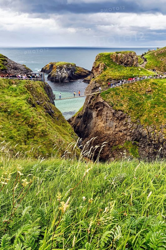 Narrow suspension bridge for walkers on rocky coast, Rope Bridge Carrick-a-Rede, footpath, coastline between Ballycastle and Ballintoy, viewpoint, Causeway Coastal Route, Antrim, Northern Ireland, Great Britain