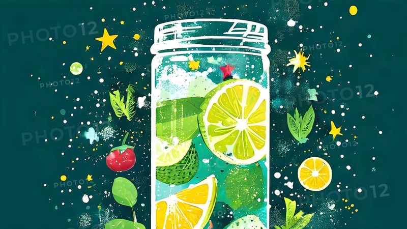 Abstract wallpaper composition with bottle of delicious green detox juice and fruits and vegetables, AI generated