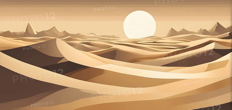 Abstract desert scene with triangular sand dunes and a single circular sun, using sharp lines and subtle gradients in neutral earth tones, AI generated