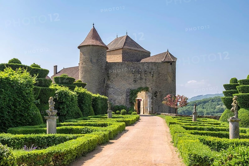 Castle of Berze or fortress of Berze le Chatel, garden, village of Berze le Chatel, department of Saone et Loire, Burgundy, France, Europe