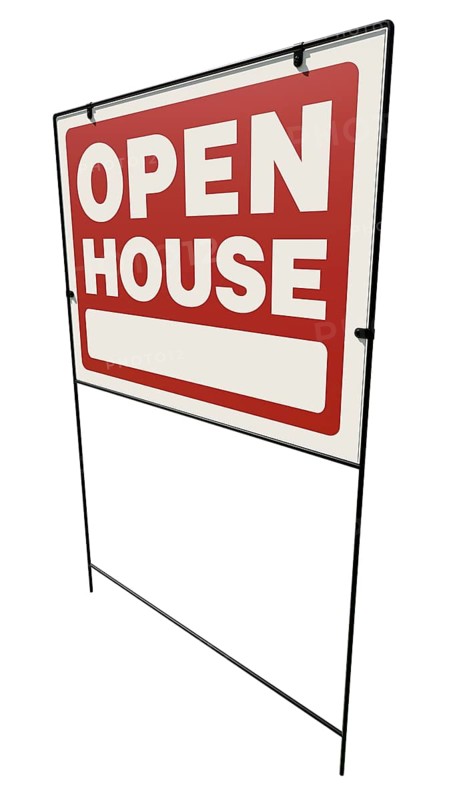 Left facing open house real estate yard sign isolated on a white background