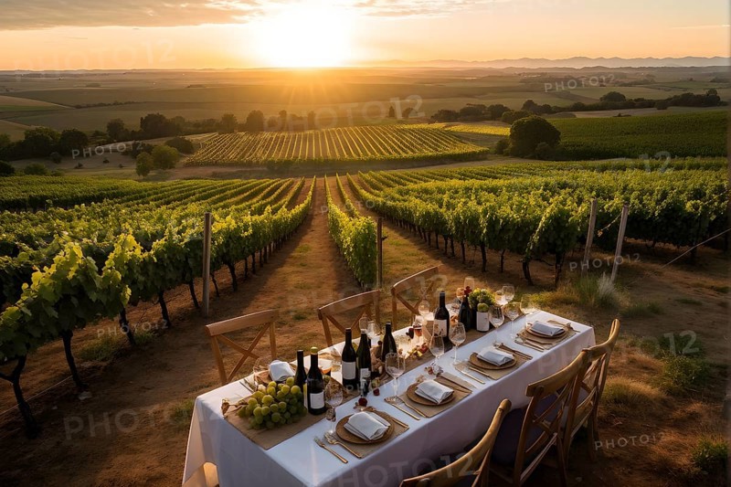AI generated aerial view capturing a wine tasting table set