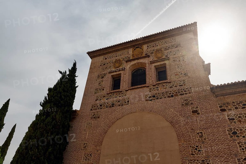 Church of Santa Maria de la Encarnacion, church tower against the light, architecture, Mudejar style, Alhambra, Granada, Andalusia, Spain, Europe
