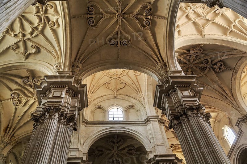 Decorated ceiling vault in the Cathedral of Santa Maria de la Encarnacion de Granada, view upwards, Granada, Andalusia, Spain, Europe