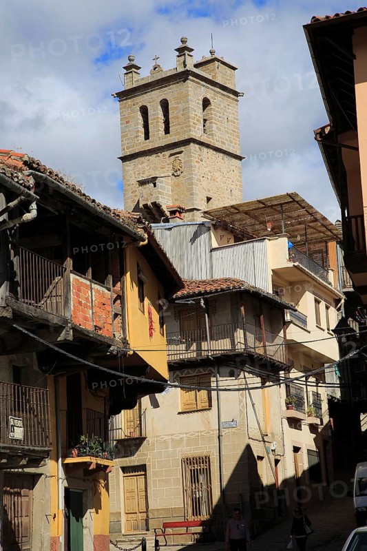 Church tower traditional houses with balconies, Garganta la Olla, La Vera, Extremadura, Spain, Europe