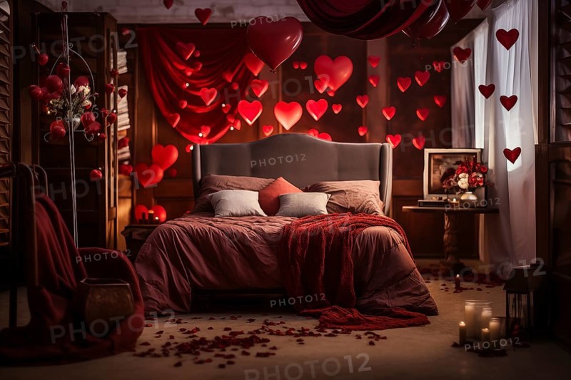 A cozy bedroom adorned with red and white heart-shaped balloons, rose petals, and candles creating a romantic atmosphere for Valentine's Day, AI generated