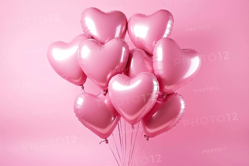 Bunch of glossy pink heart-shaped balloons against a soft pink background, perfect for Valentine's Day, anniversaries, or any romantic occasion Bunch of glossy pink heart-shaped balloons against a soft pink background, perfect for Valentine's Day, anniversaries, or any romantic occasion, AI generated