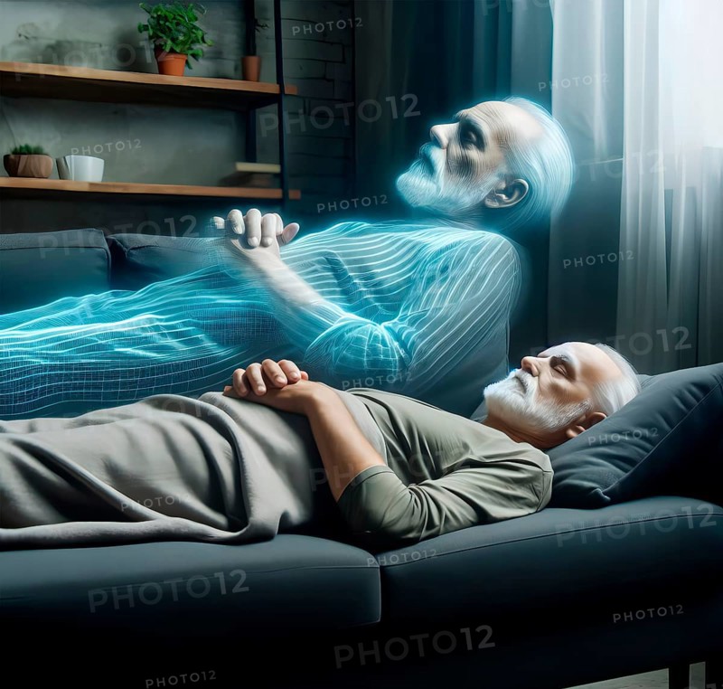 Mysticism, near-death experience, dream, psychology, an old man floats as a traumatic apparition above his image, AI generated, AI generated
