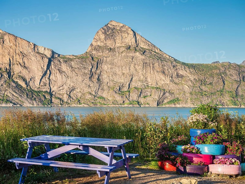 Rest stop, rest area, at the Mefjord, view to mountain Segla, island Senja, Troms, Norway, Europe