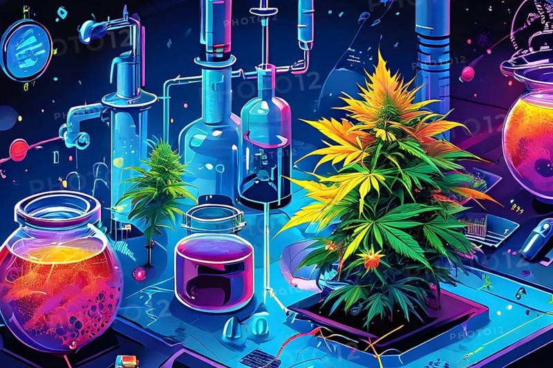 Abstract painting of chemical structure of thc and cbd interlocking geometric shapes, AI generated
