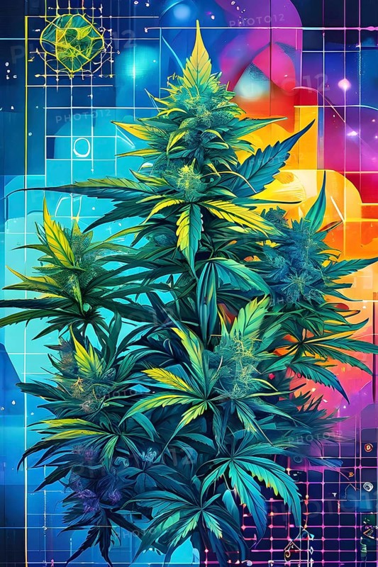 Abstract painting of chemical structure of thc and cbd interlocking geometric shapes, AI generated