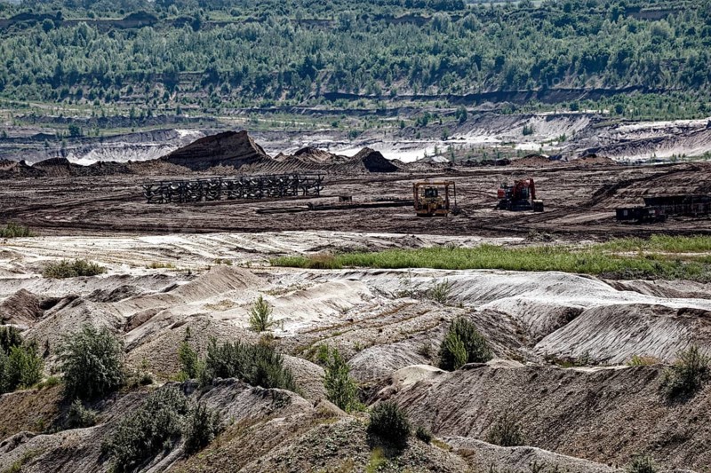 Overburden dump, opencast lignite mine, symbolic image of destroyed landscape, fossil fuel coal, energy production, coal mining. Climate change, global warming, global warming, Profen opencast mine, Saxony, Germany, Europe