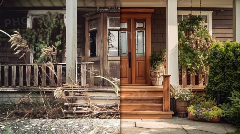 Large house deck and entry before and after cleanup and construction, generative AI, AI generated