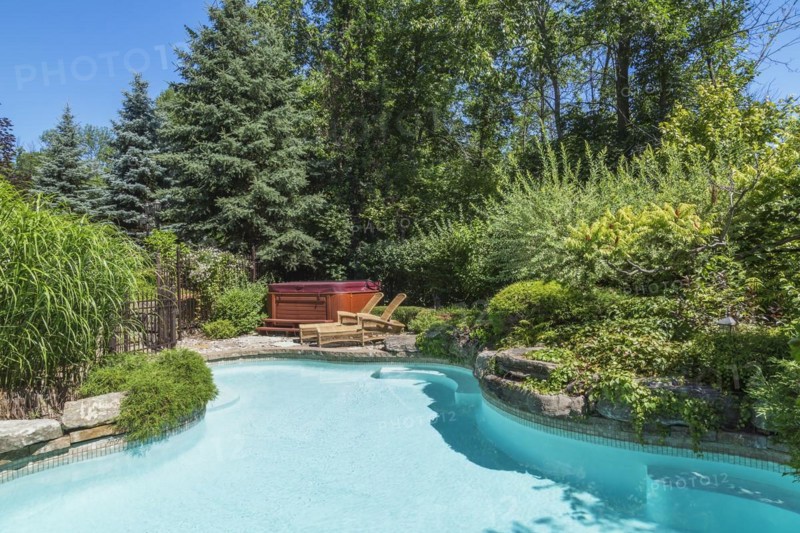 In-ground swimming pool surrounded by copper coloured wrought iron metal security fence and various perennial plants, shrubs and trees in residential backyard of luxurious home, Quebec, Canada, North America