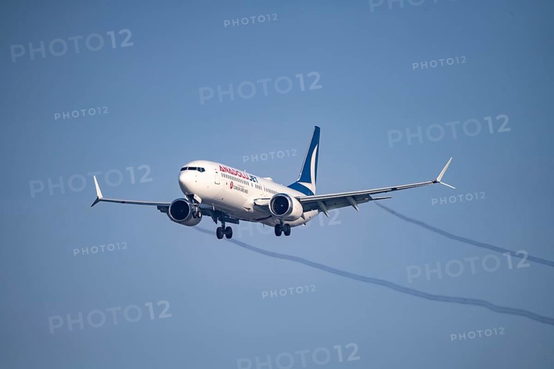 AnadoluJet, Boeing 737-8 MAX, approaching Frankfurt FRA airport, Fraport, in winter, Hesse, Germany, Europe