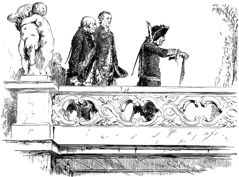 King Frederick II, the Old, in Sanssouci Palace, Hohenzollern, putti, old gentleman, walking stick, servant, Potsdam, Prussia, Brandenburg, Germany, historical illustration 1882, Europe