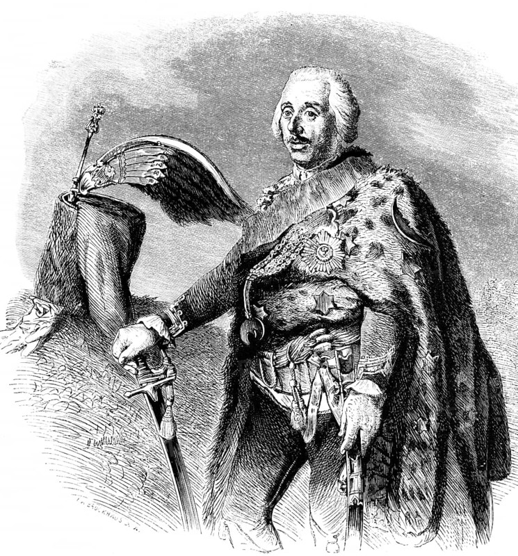Portrait of Hans Joachim von Zieten, Prussian general of the cavalry under King Frederick II, 18th century, uniform, medals, sword, Prussia, historical illustration 1882