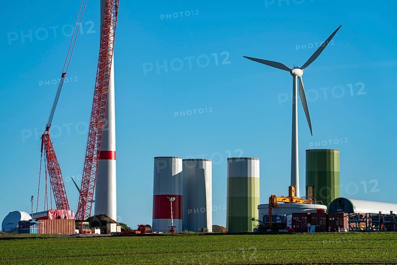 Construction site of a new wind turbine, modules of the tower, wind turbine from the manufacturer Enercon, wind farm near Bad Wünnenberg, North Rhine-Westphalia, Germany, Europe