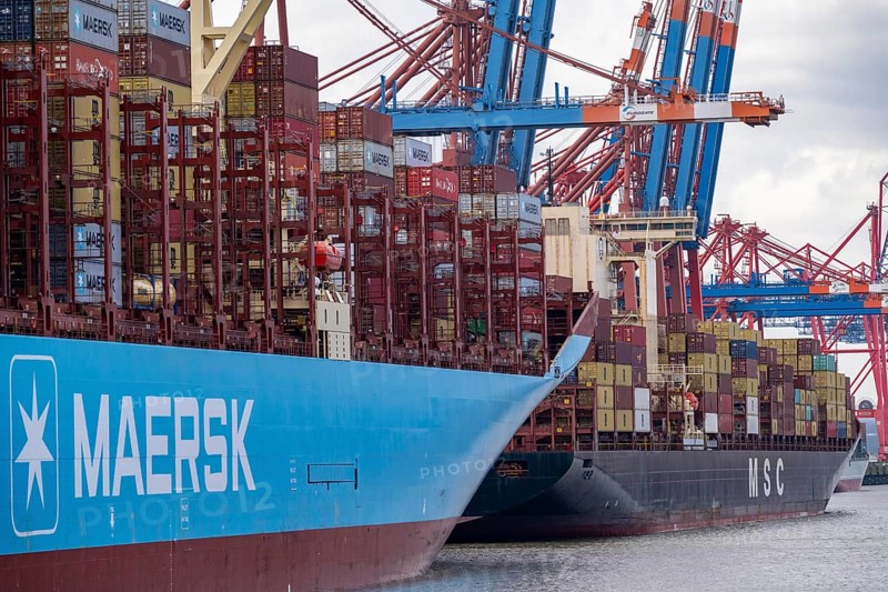 Magleby Maersk container freighter at EUROGATE Container Terminal, Waltershofer Hafen, one of the largest container ships in the world, capacity of 18, 270 TEU, Triple E class, MSC Container Freighter, Hamburg, Germany, Europe