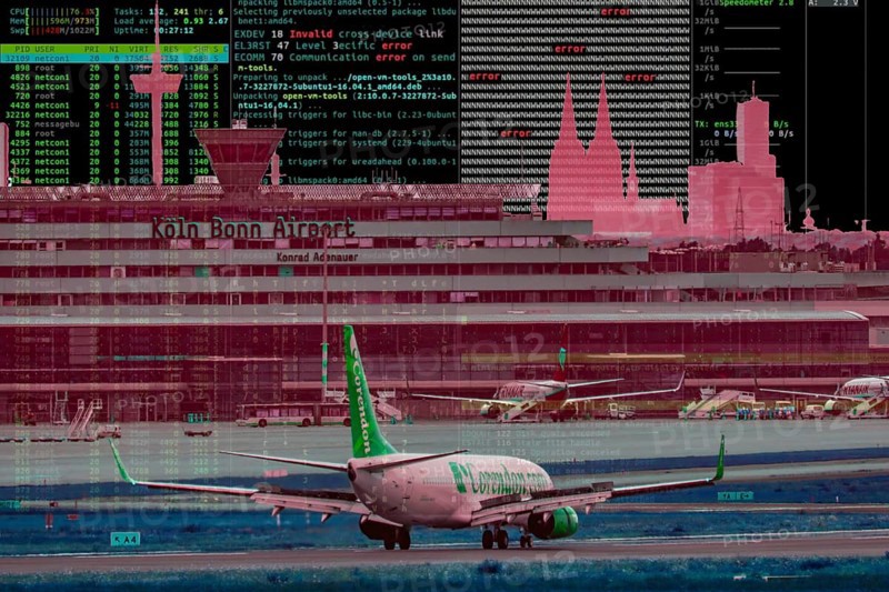 Symbolic image cyberattack, computer crime, cybercrime, computer hackers attack the IT infrastructure of a city, Cologne-Bonn Airport