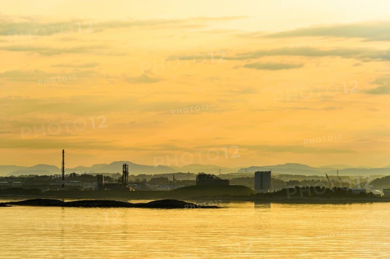 Sunrise of Industrial Zone over FjordSailing, Stavanger, Boknafjorden, Norway, Europe