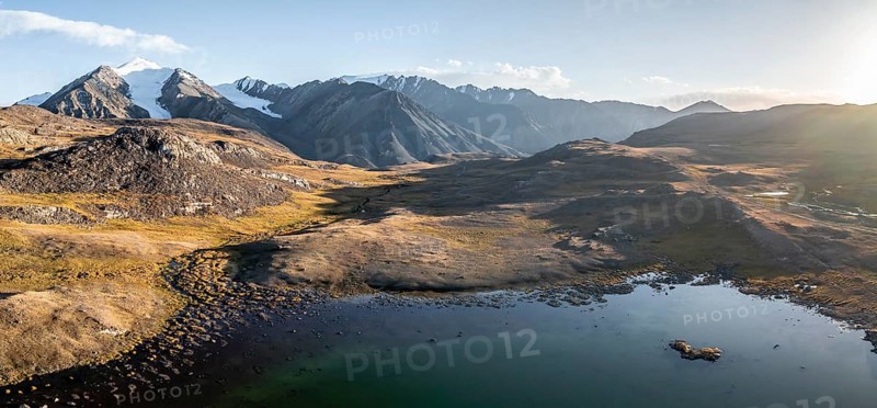 Aerial view, mountain peak and mountain lake, evening mood, Arabel Lake at Arabel Pass, Issyk Kul Province, Kyrgyzstan, Asia