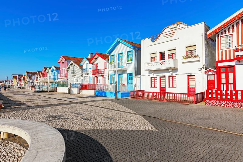 Traditional wooden striped houses, Costa Nova do Prado, Aveiro, Portugal, Europe